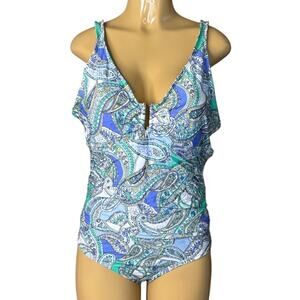 Alex Marie Blouson One Piece Swimsuit Green Blue Paisley Size 16